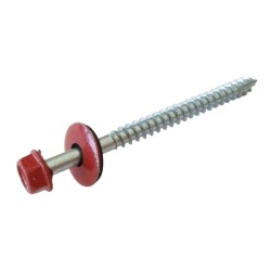 HEX WASHER HEAD WOOD SCREW WITH BONDED WASHER, UNDER CUT & PARTIAL THREAD HEAD RED(R.3016) 6.3X80 MM. HEX WASHER HEAD WOOD SCREW WITH BONDED WASHER, UNDER CUT & PARTIAL THREAD HEAD RED(R.3016) 6.3X80 MM.