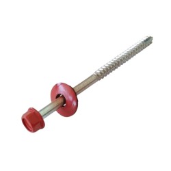 HEX WASHER HEAD WOOD SCREW WITH BONDED WASHER, UNDER CUT & PARTIAL THREAD HEAD RED(R.3016) 6.3X100 MM. HEX WASHER HEAD WOOD SCREW WITH BONDED WASHER, UNDER CUT & PARTIAL THREAD HEAD RED(R.3016) 6.3X100 MM.
