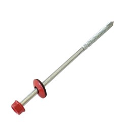 HEX WASHER HEAD WOOD SCREW WITH BONDED WASHER, UNDER CUT & PARTIAL THREAD HEAD RED(R.3016) 6.3X140 MM. HEX WASHER HEAD WOOD SCREW WITH BONDED WASHER, UNDER CUT & PARTIAL THREAD HEAD RED(R.3016) 6.3X140 MM.