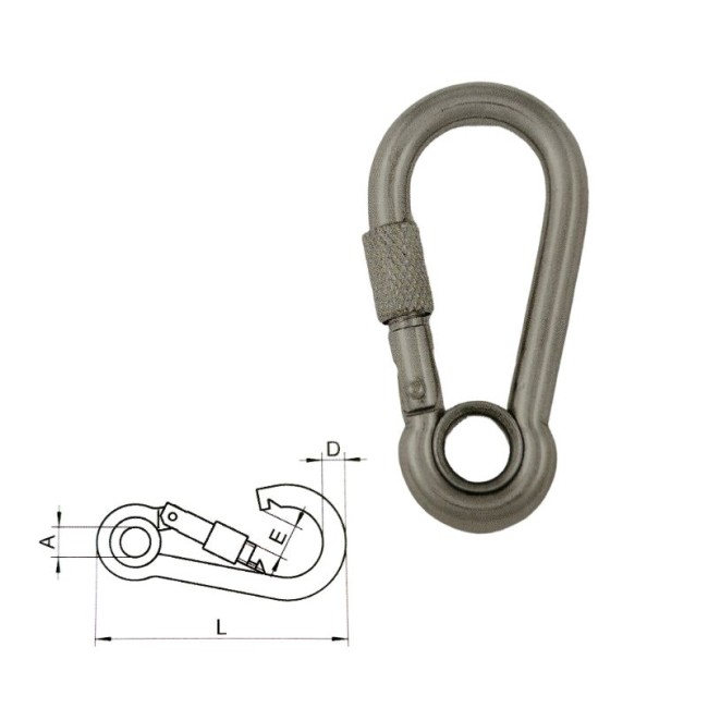 AUTOMATIC SHAFETY HOOKS WITH RING & NUT INOX 316 6X60 MM.