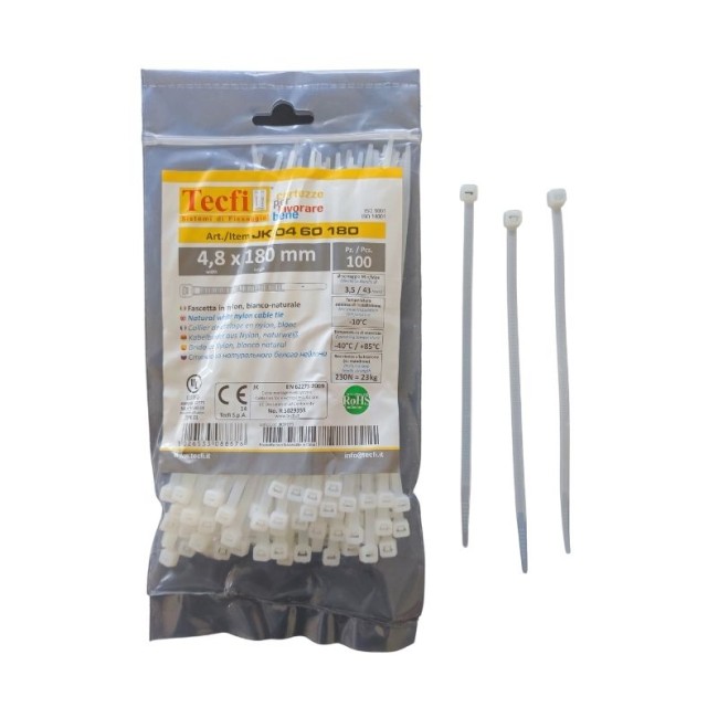 NATURAL WHITE CABLE TIE, 100PCS BAG, CE 4.8Χ180 ΜΜ.