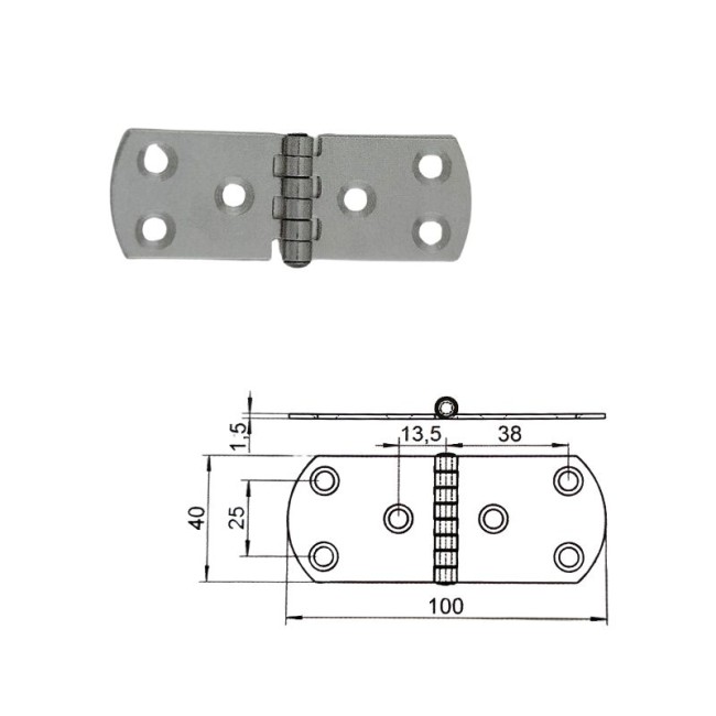 ROUND BUTT HINGER INOX304-A2 3 HOLE 1.5 mm. 40X100 ΜΜ.