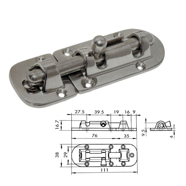 BARREL BOLT, INOX 304/A2 INVESTMENT CASTING, POLISHED 38X111 mm.